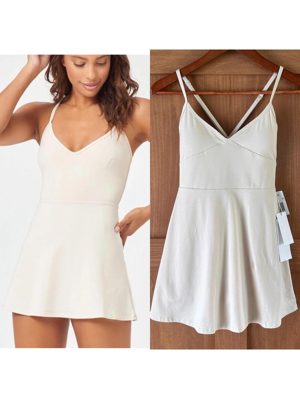 NWT L*Space Active V-Neck Rally Dress Mini in Cream Built in Shorts Women’s XS
